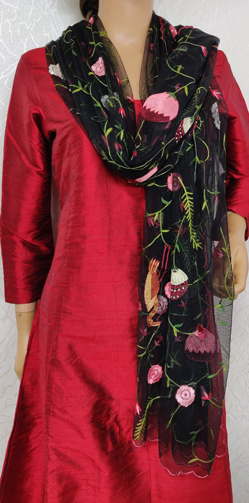 Black Hand Embroidered Parsi Convent Work Net Dupatta - Luxurion World