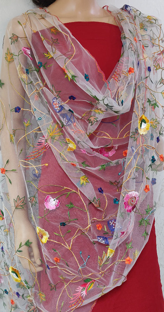 Off White Hand Embroidered Parsi Convent Work Net Dupatta - Luxurion World