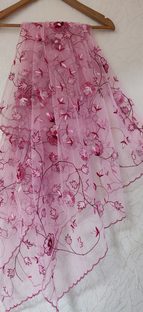 Pink Hand Embroidered Parsi Convent Work Net Dupatta - Luxurion World