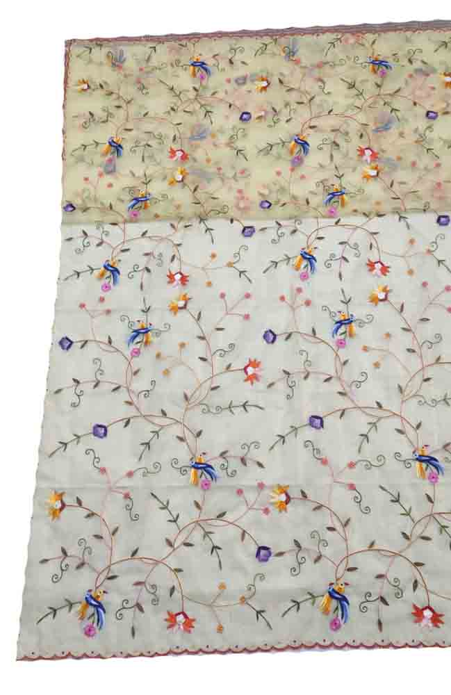 Yellow Embroidered Parsi Convent Work Organza Flower Design Dupatta - Luxurion World