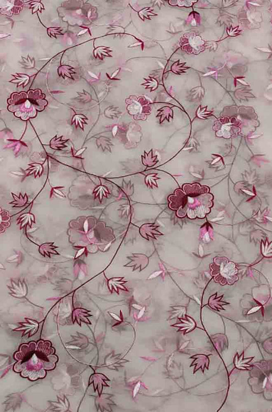 Pink Embroidered Parsi Convent Work Organza Flower Design Dupatta - Luxurion World