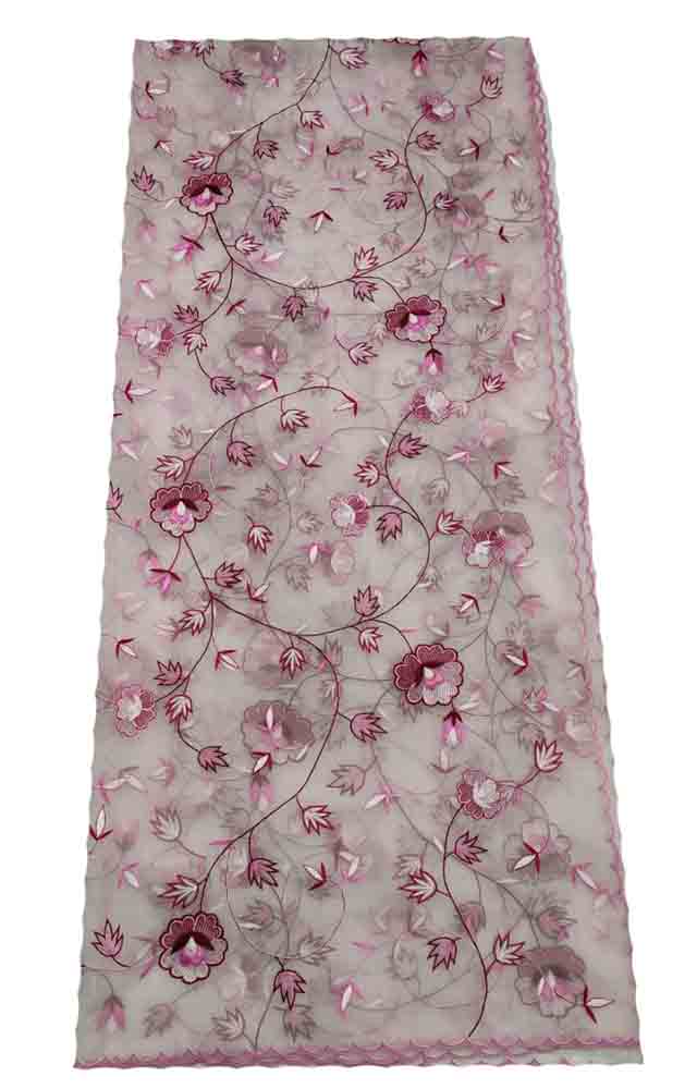 Pink Embroidered Parsi Convent Work Organza Flower Design Dupatta - Luxurion World