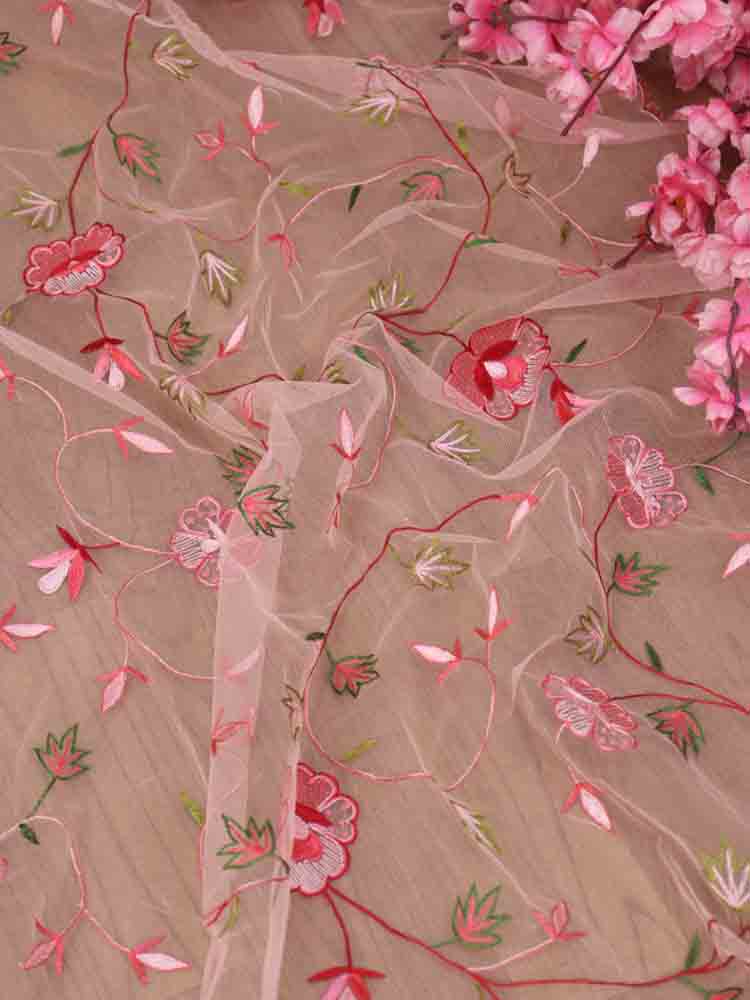 Pink Embroidered Parsi Convent Work Net Flower Design Dupatta - Luxurion World