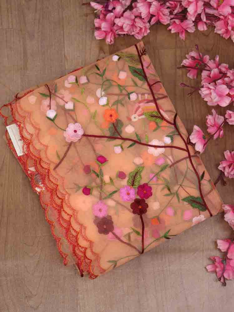 Orange Embroidered Parsi Convent Work Net Flower Design Dupatta - Luxurion World
