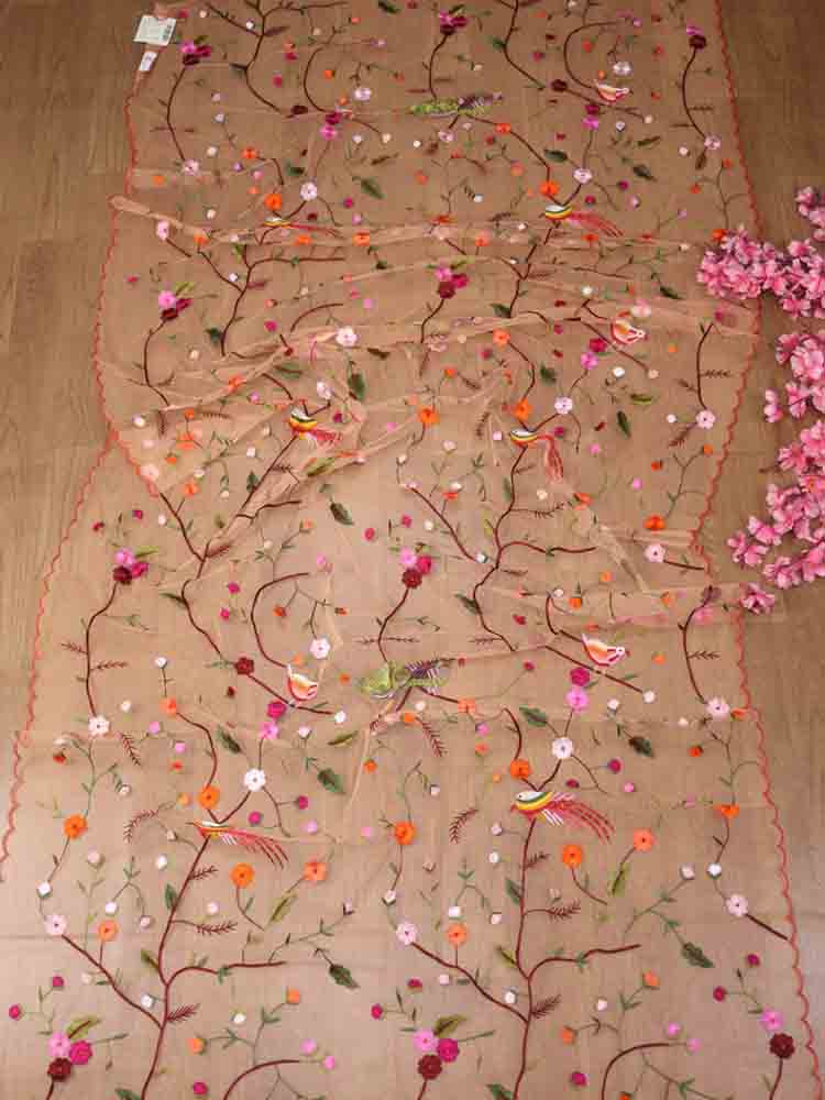 Orange Embroidered Parsi Convent Work Net Flower Design Dupatta - Luxurion World