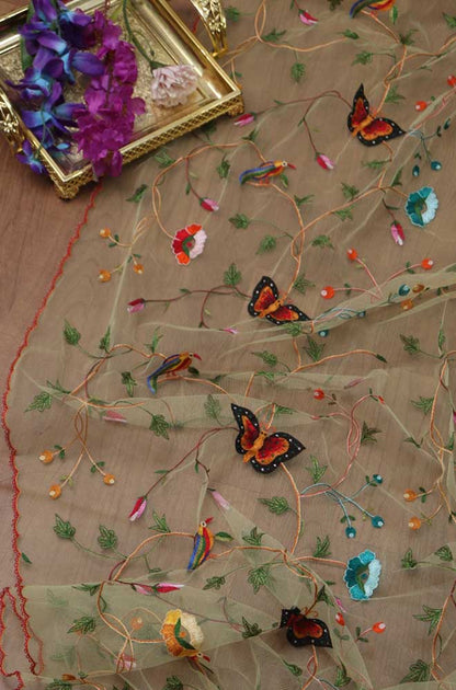 Blue Embroidered Parsi Convent Work Net Flower Design Dupatta - Luxurion World