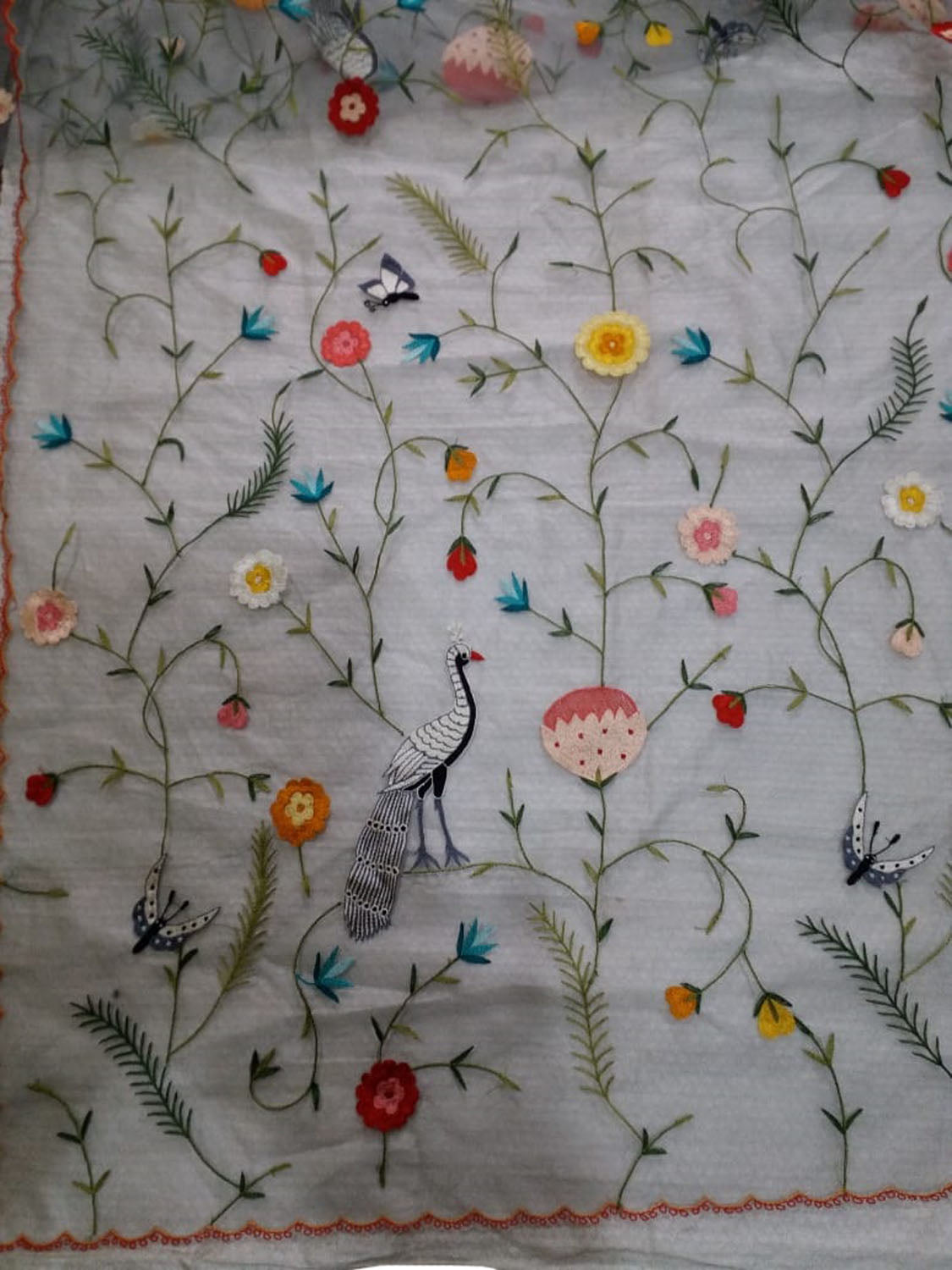 Stunning Off White Parsi Dupatta with Hand Embroidered Convent Work - Luxurion World