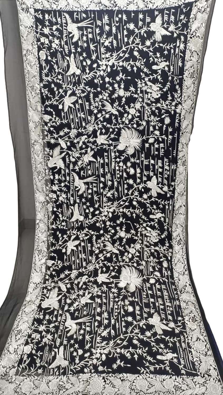 Exquisite Black Parsi Hand Embroidered Georgette Dupatta - Luxurion World