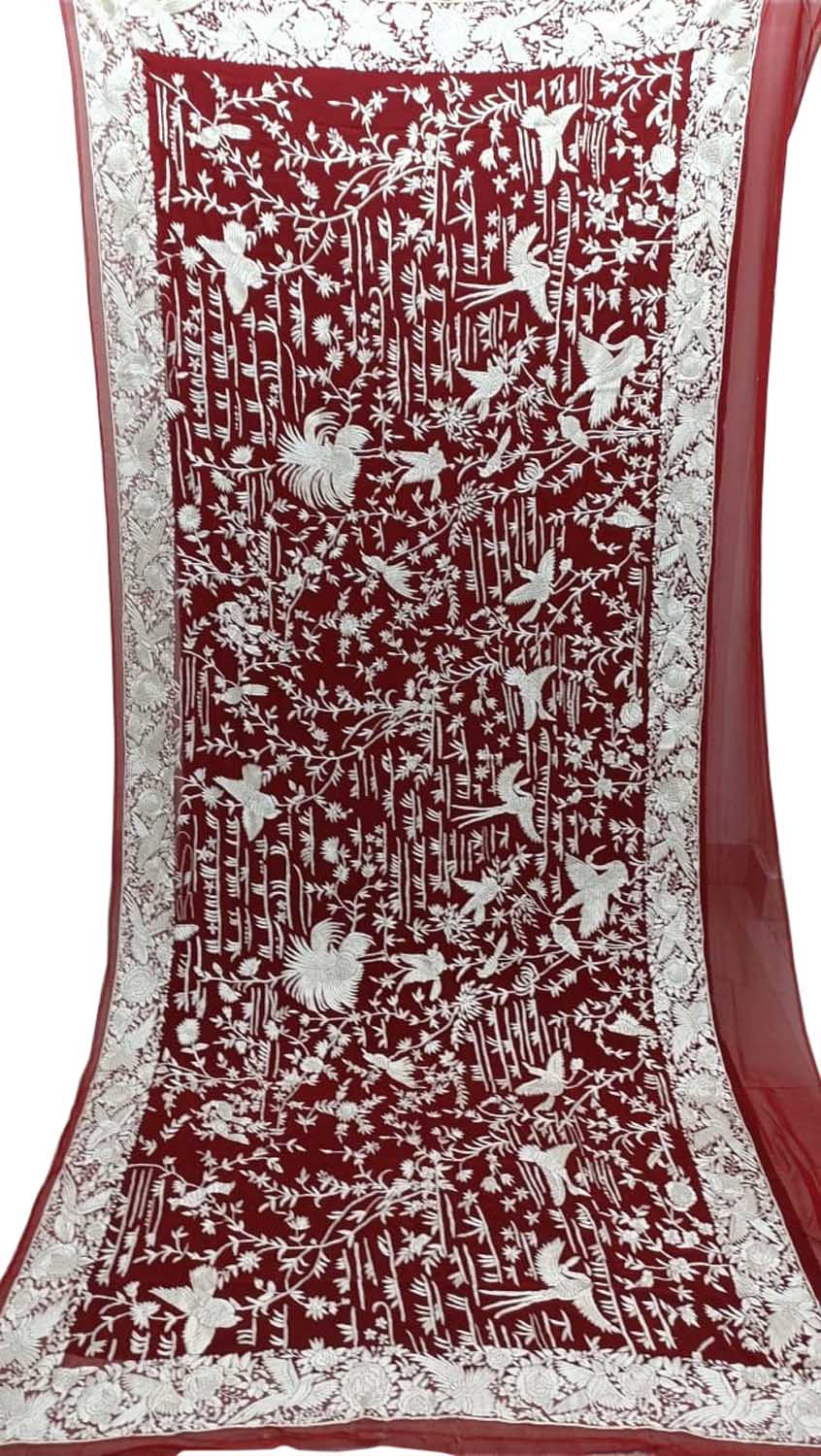 Exquisite Brown Parsi Hand Embroidered Georgette Dupatta - Luxurion World