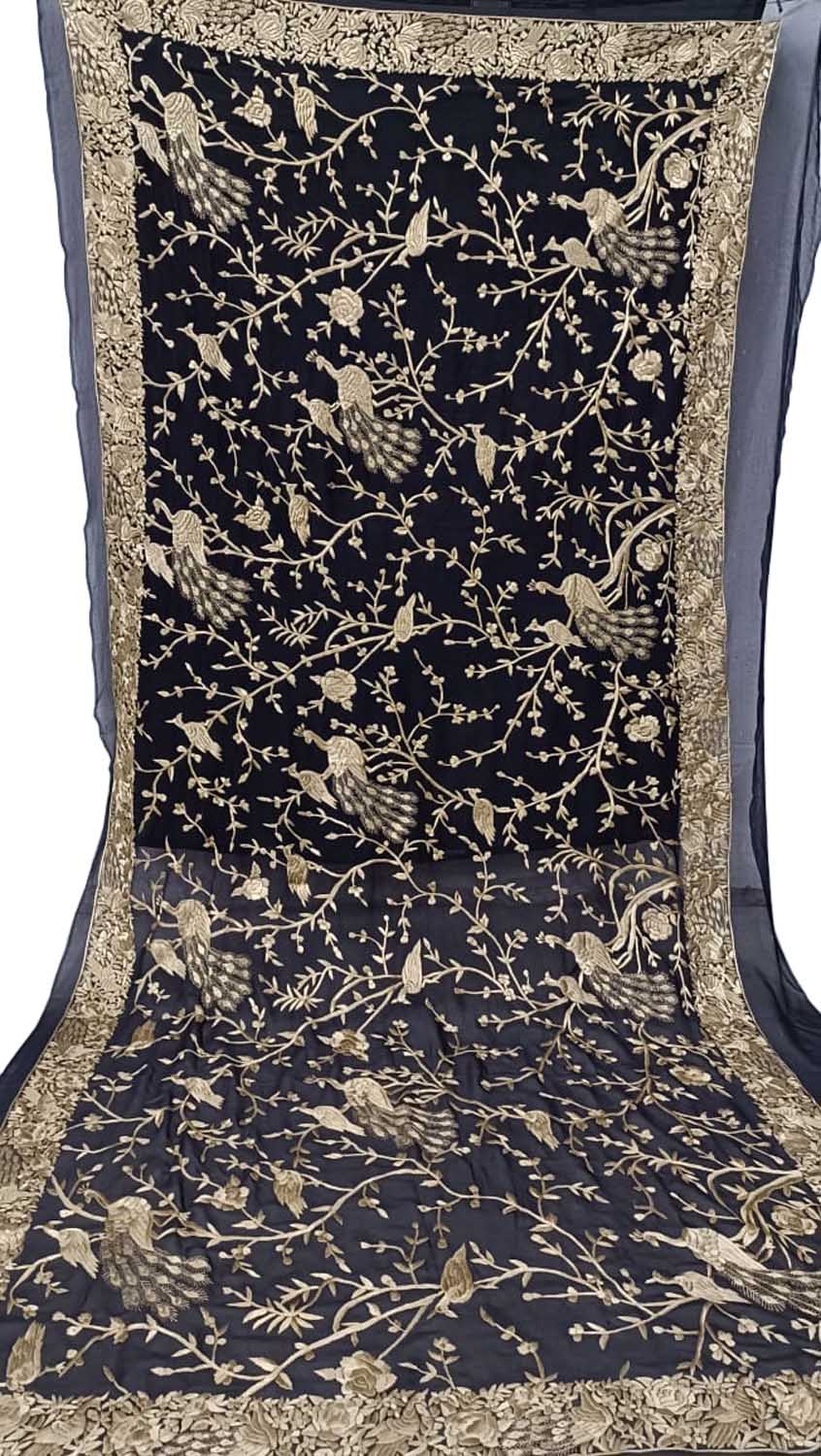 Exquisite Black Parsi Georgette Dupatta with Hand Embroidery - Luxurion World