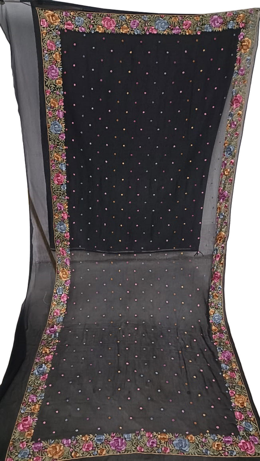 Exquisite Black Parsi Hand Embroidered Georgette Dupatta - Luxurion World