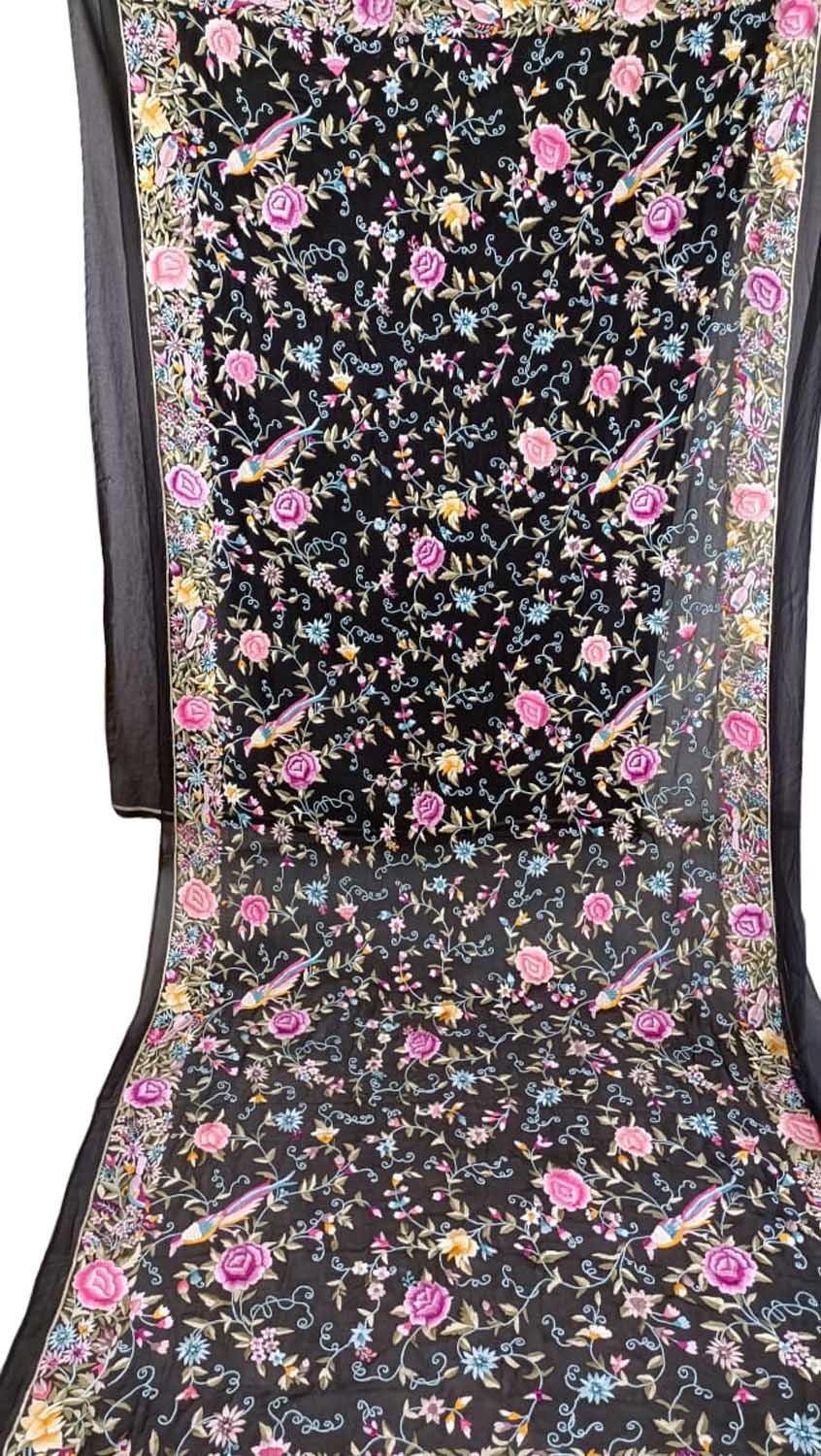 Exquisite Black Parsi Hand Embroidered Georgette Dupatta - Luxurion World