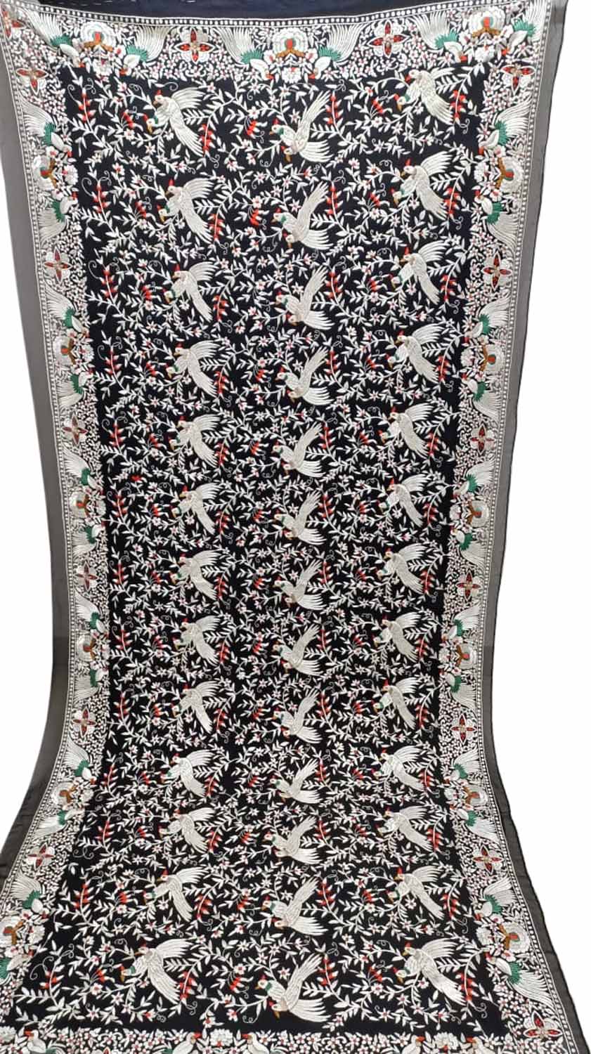 Exquisite Black Parsi Hand Embroidered Georgette Dupatta - Luxurion World