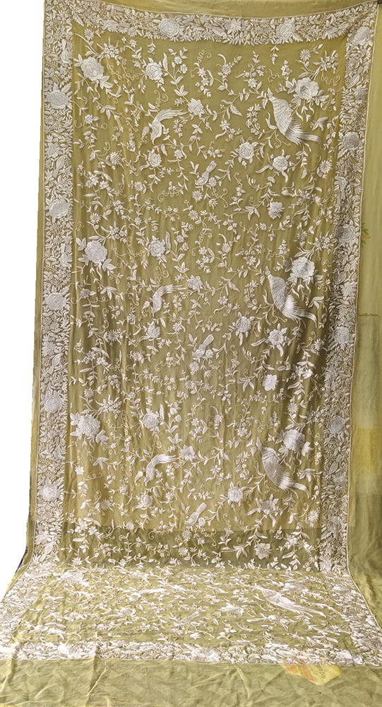 Yellow Hand Embroidered Parsi Pure Georgette Floral Design Dupatta - Luxurion World