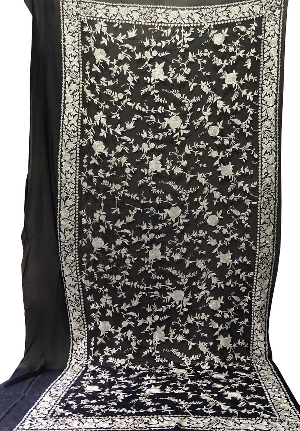 Black Parsi Hand Embroidered Pure Georgette Dupatta - Luxurion World