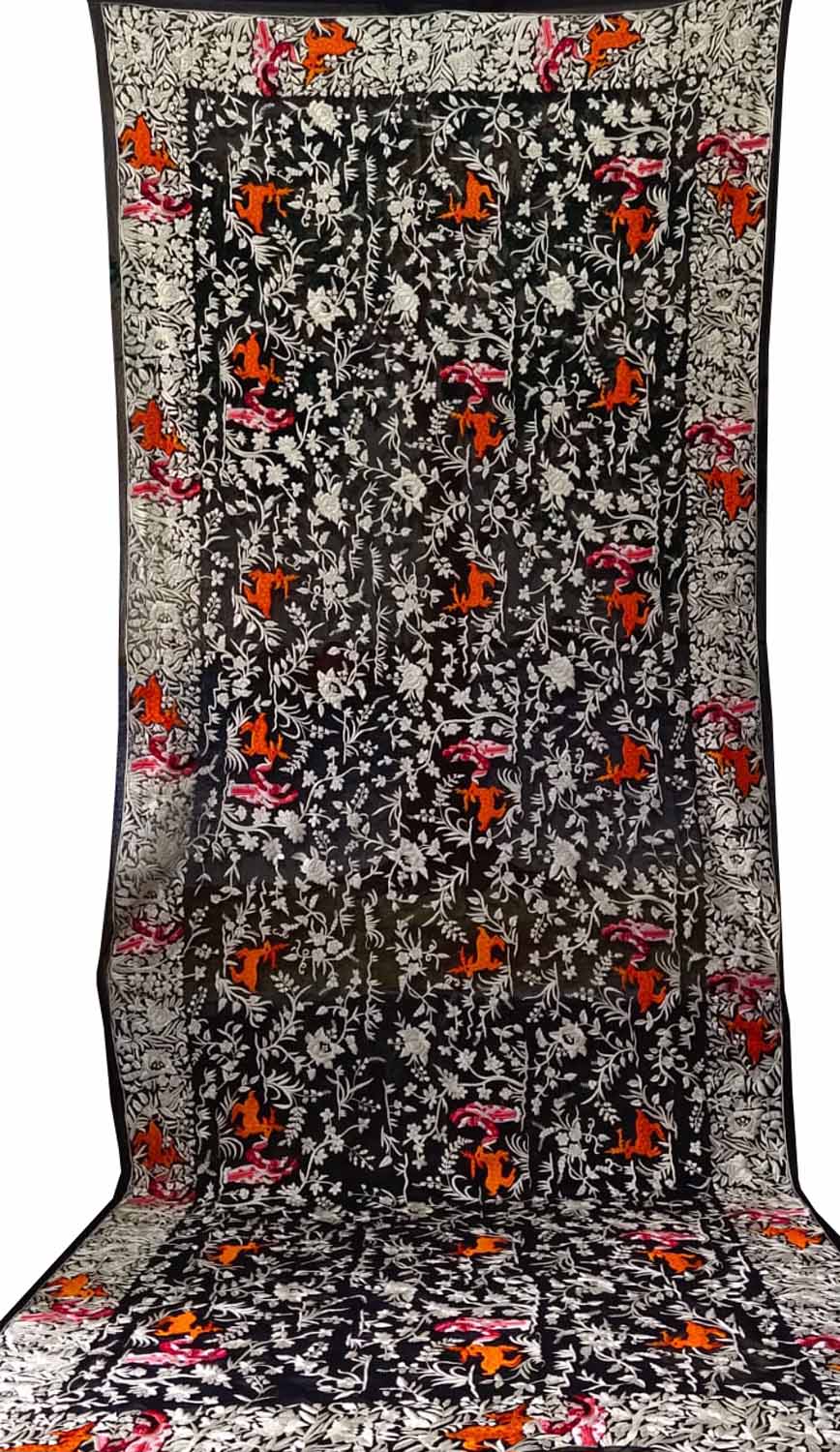 Black Parsi Hand Embroidered Pure Georgette Dupatta - Luxurion World
