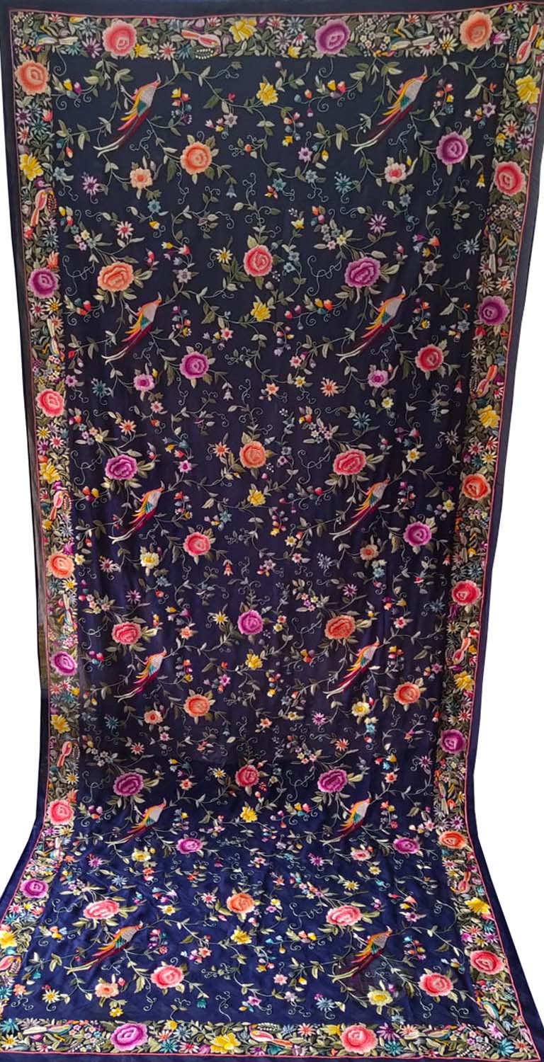 Blue Parsi Hand Embroidered Pure Georgette Dupatta - Luxurion World