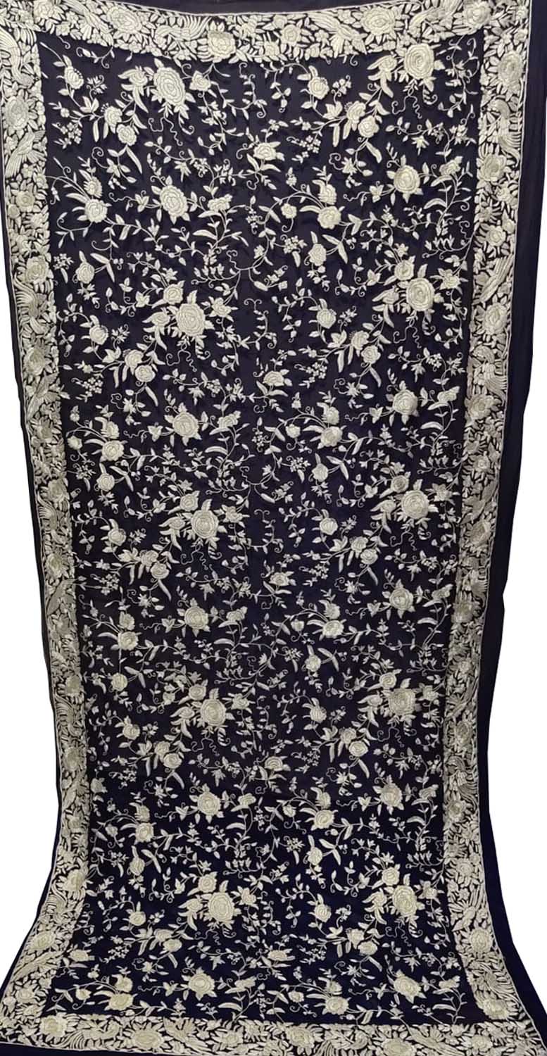 Black Parsi Hand Embroidered Pure Georgette Dupatta - Luxurion World