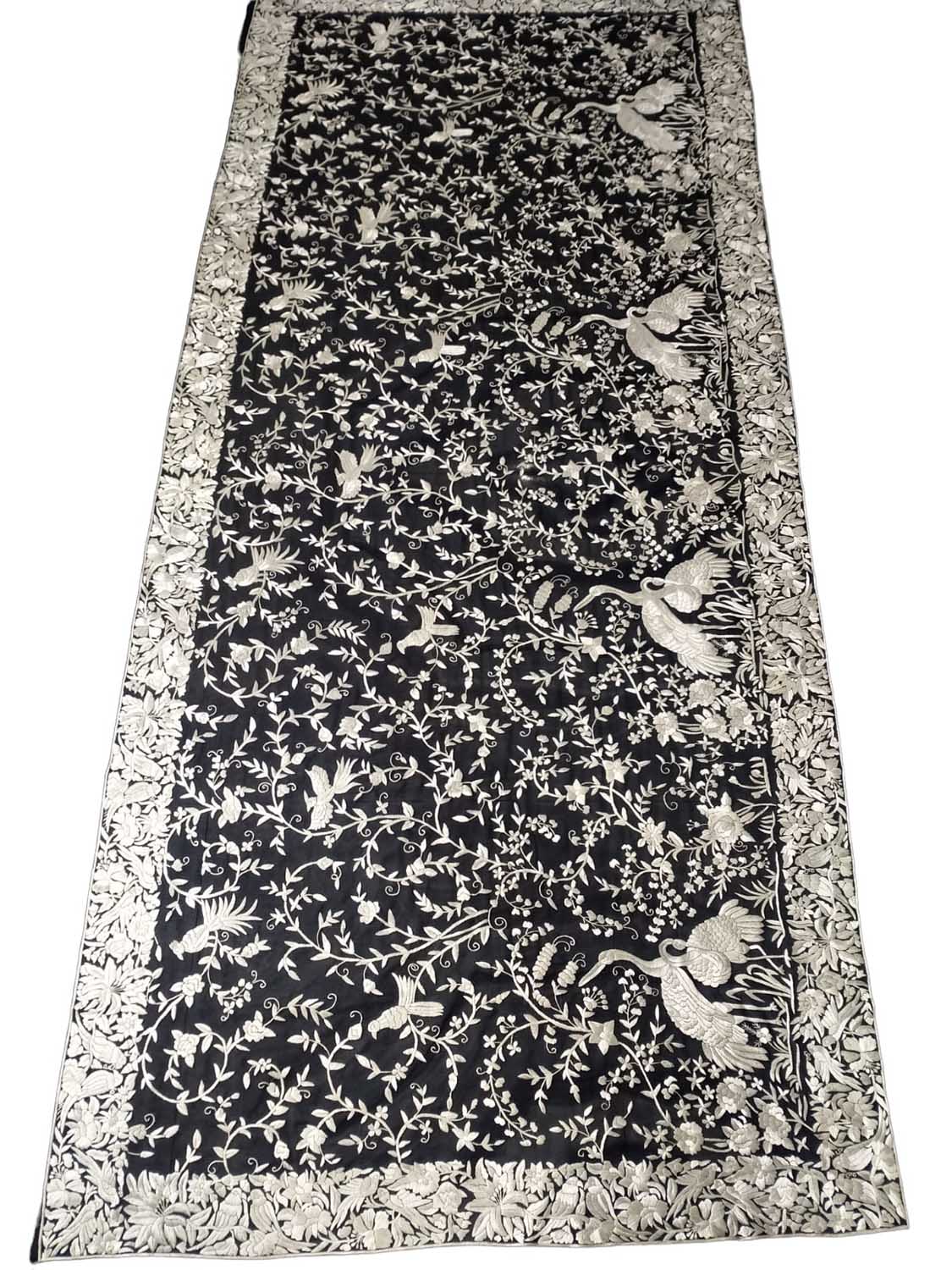 Black Hand Embroidered Parsi Pure Georgette Floral And Bird Design Dupatta - Luxurion World