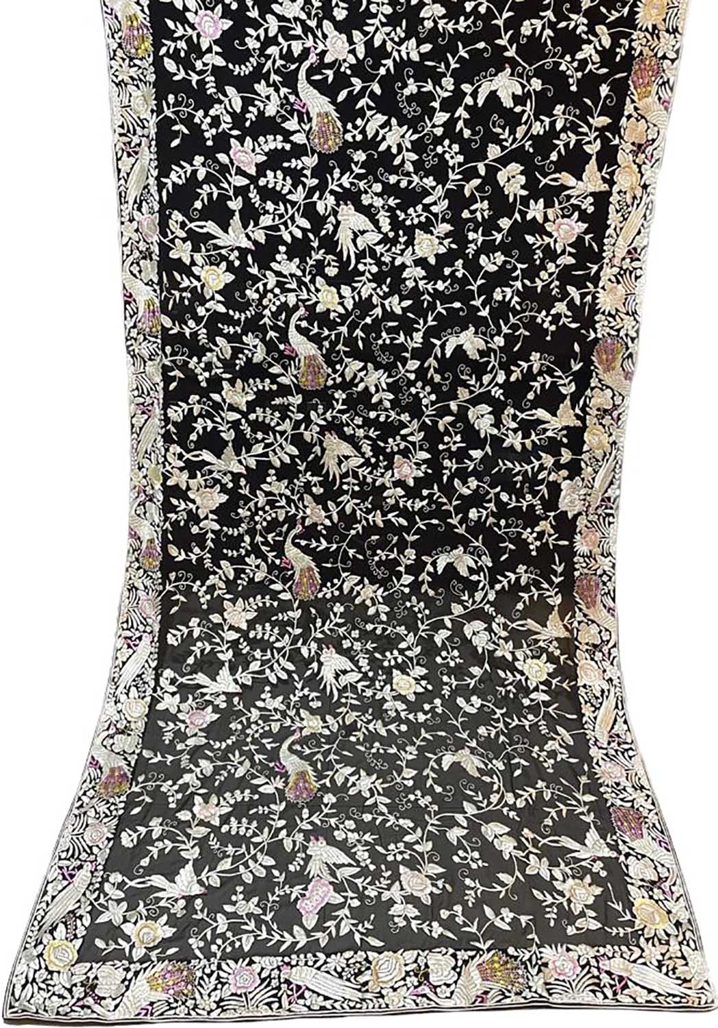 Black Hand Embroidered Parsi Pure Georgette Floral And Bird Design Dupatta - Luxurion World