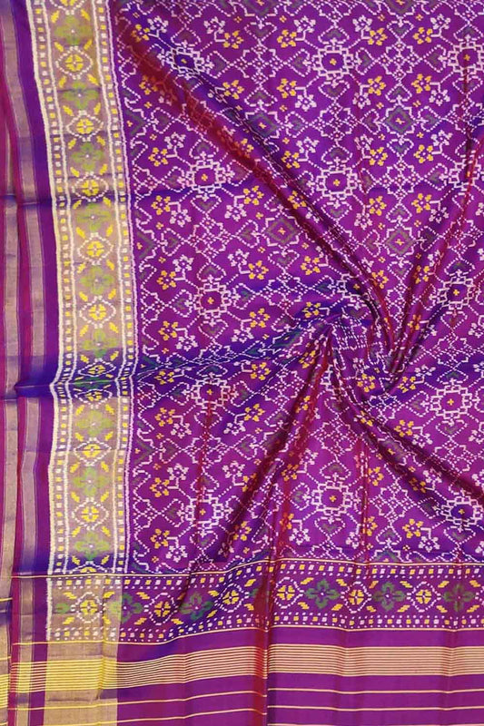 Purple Handloom Single Ikat Patola Pure Silk Dupatta - Luxurion World