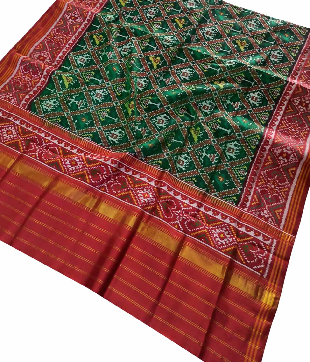 Green Semi Patan Patola Handloom Pure Silk Dupatta - Luxurion World