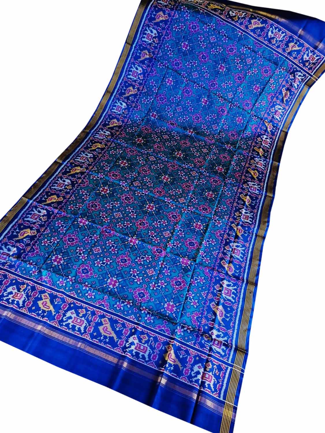 Blue Semi Patan Patola Handloom Pure Silk Dupatta - Luxurion World