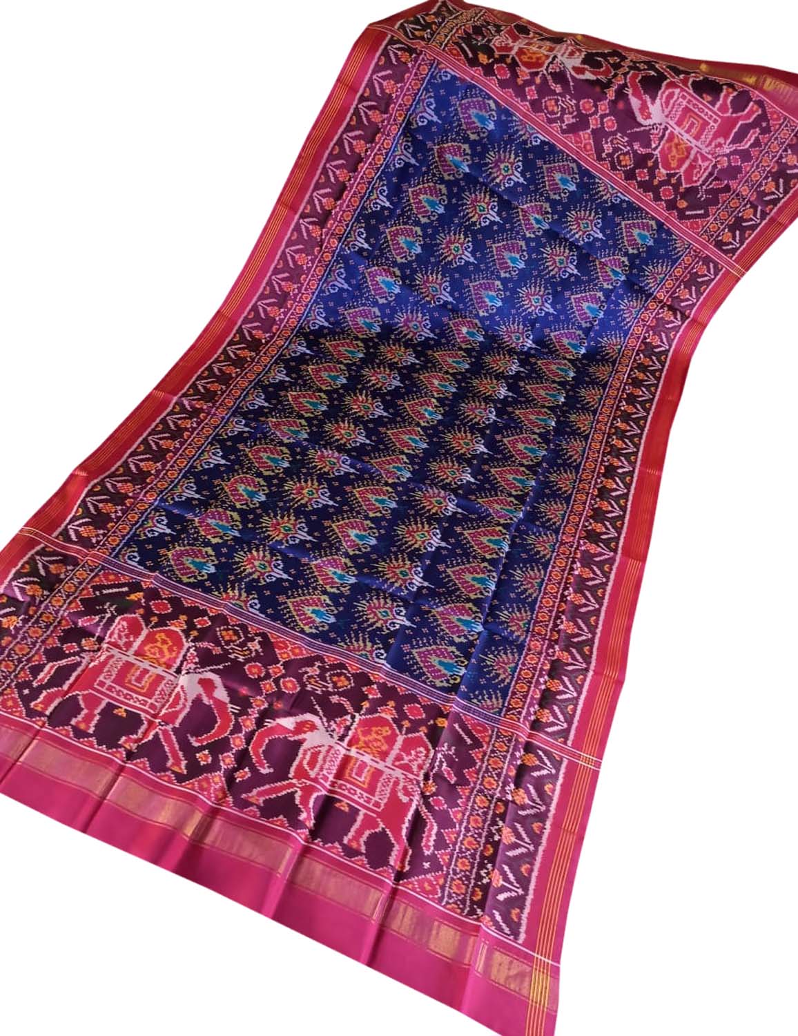 Blue Semi Patan Patola Handloom Pure Silk Dupatta - Luxurion World