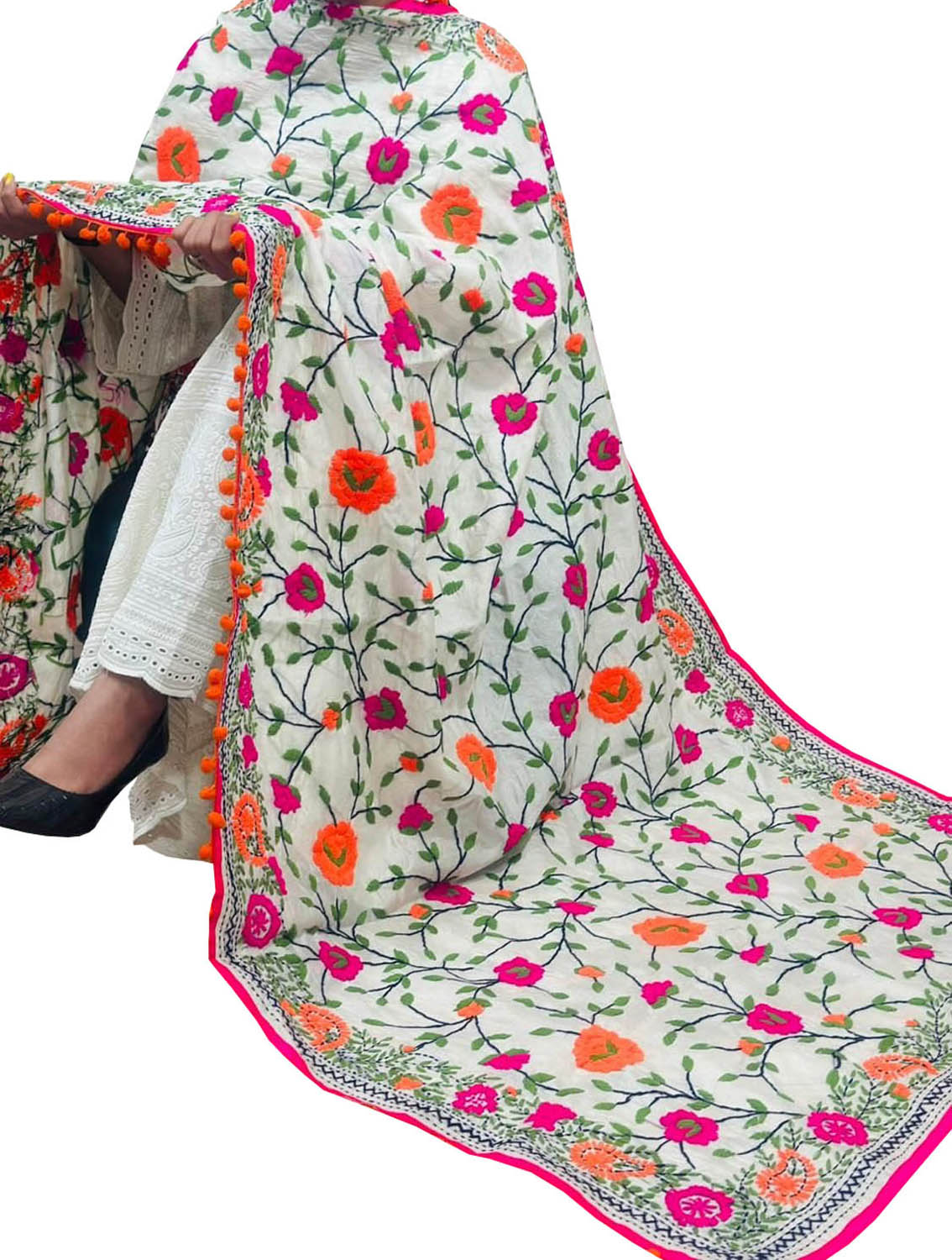 Off White Phulkari Embroidered Chanderi Silk Dupatta - Luxurion World