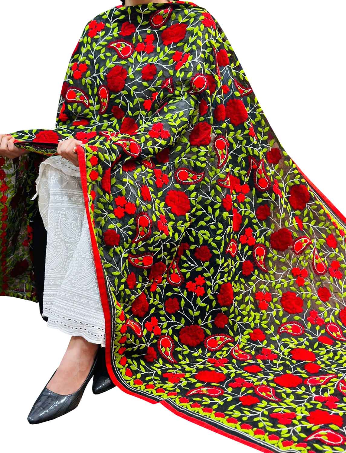 Stunning Black Phulkari Georgette Dupatta with Intricate Embroidery - Luxurion World