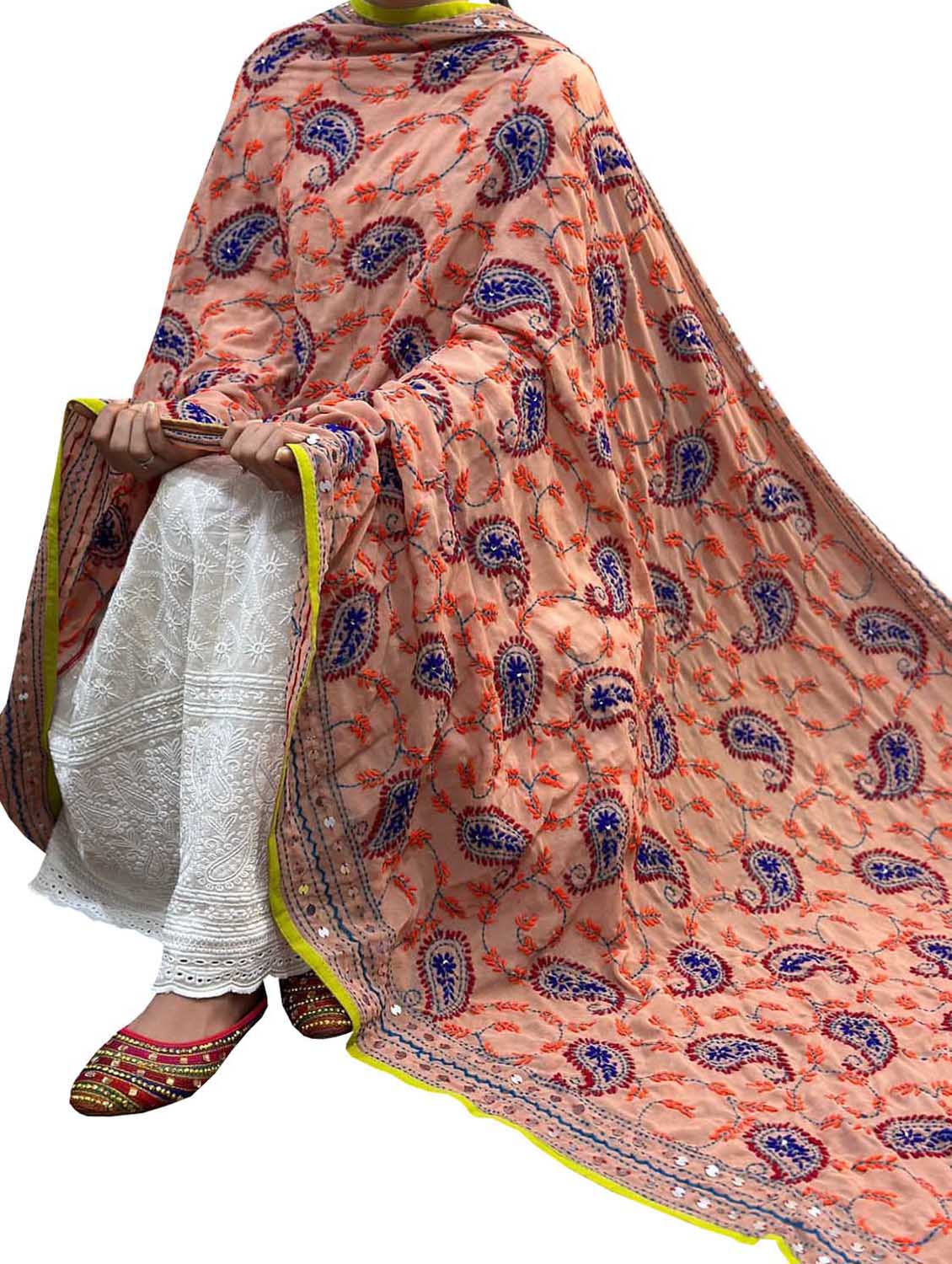 Hand Embroidered Georgette Dupatta in Exquisite Pastel Phulkari Design - Luxurion World