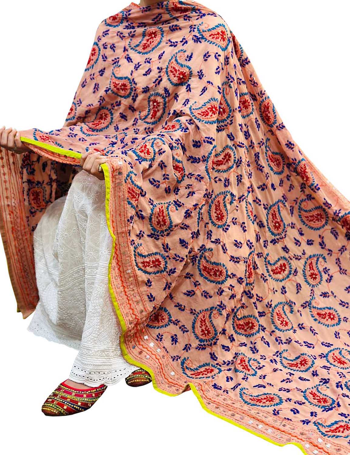 Hand Embroidered Pastel Phulkari Georgette Dupatta - Exquisite Beauty - Luxurion World