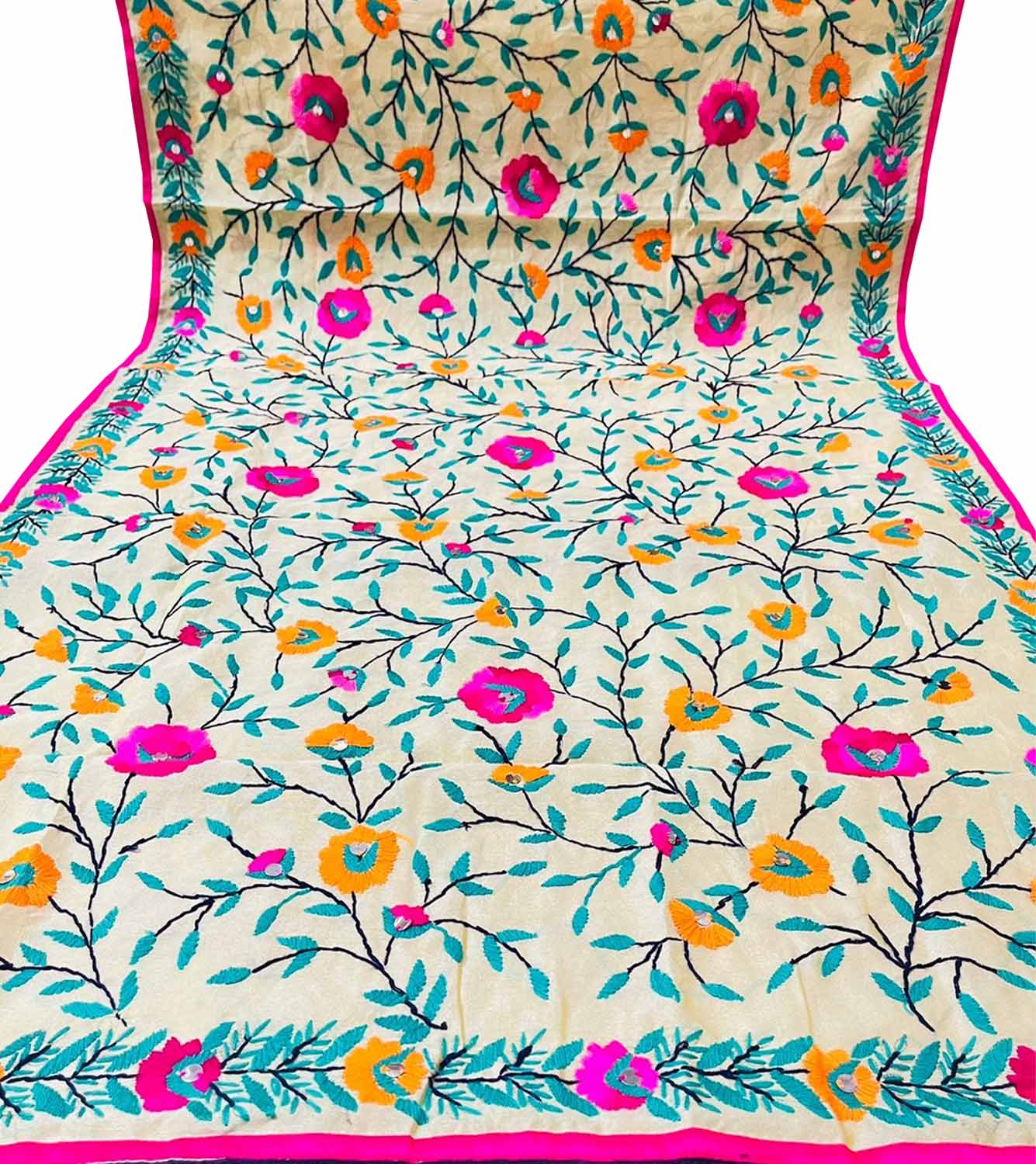 Off White Phulkari Hand Embroidered Raw Silk Dupatta - Luxurion World