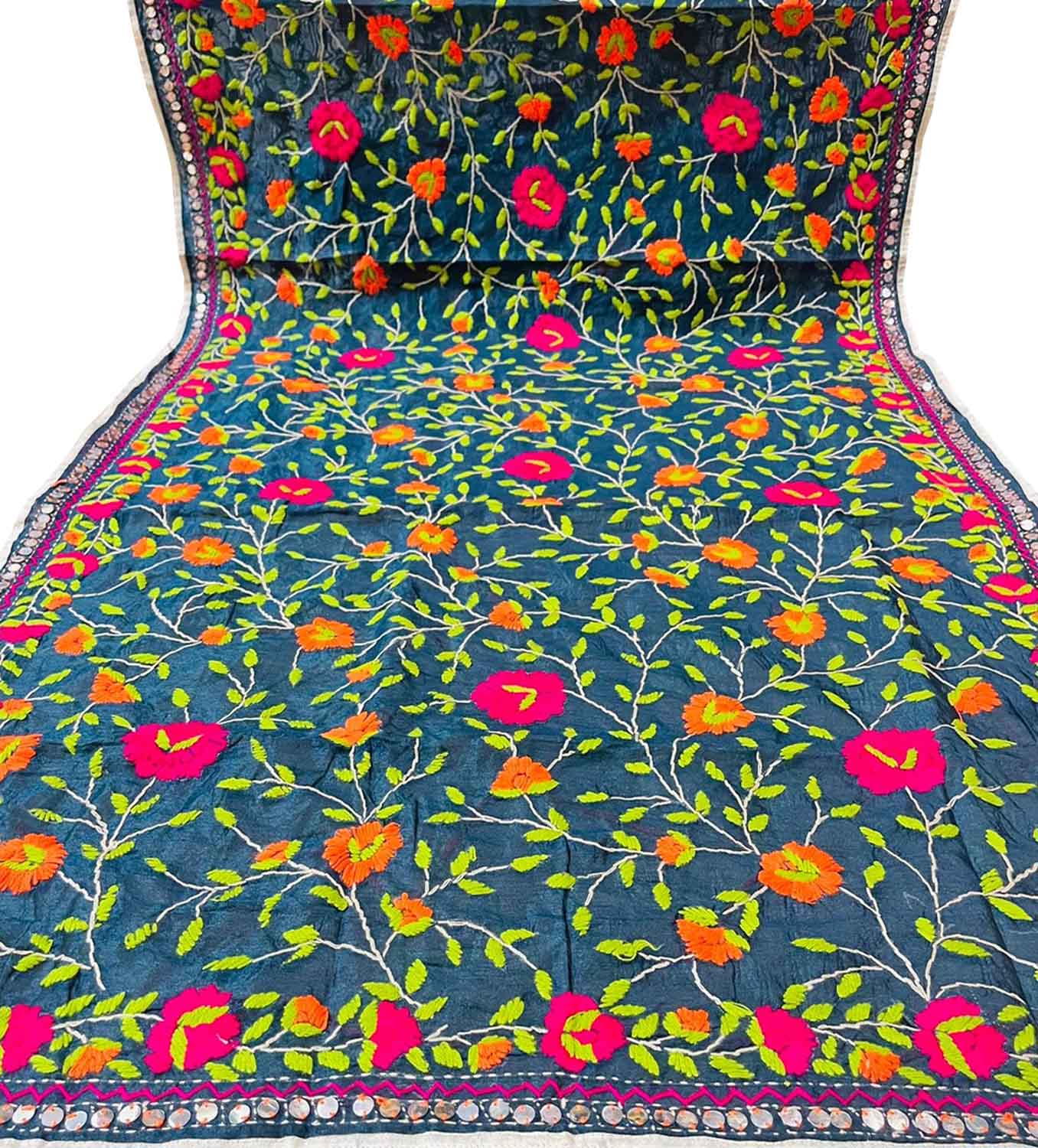 Blue Phulkari Hand Embroidered Raw Silk Dupatta - Luxurion World