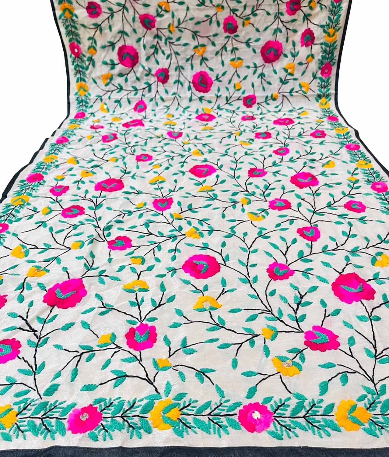 Off White Phulkari Hand Embroidered Raw Silk Dupatta - Luxurion World