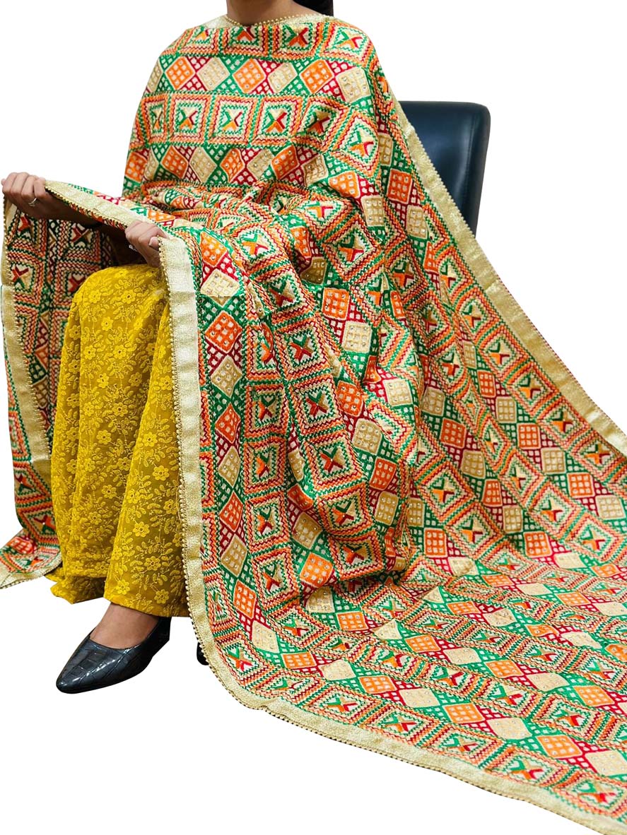 Multicolor Phulkari Embroidered Chinon Dupatta - Luxurion World