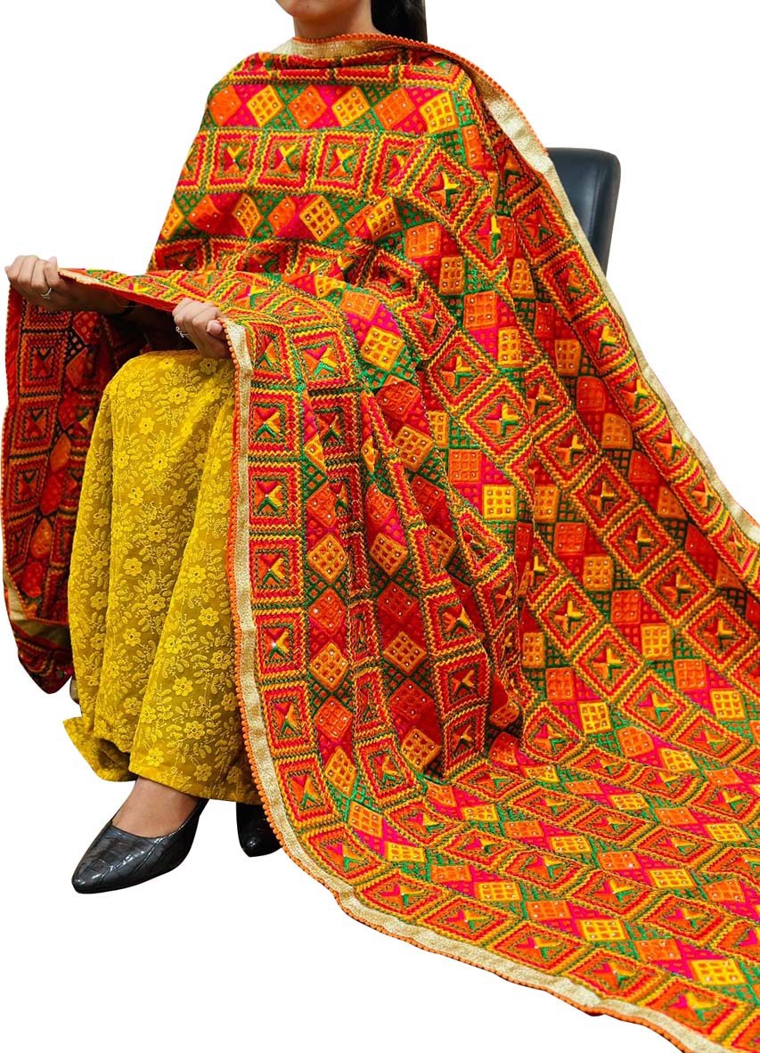 Multicolor Phulkari Embroidered Chinon Dupatta - Luxurion World