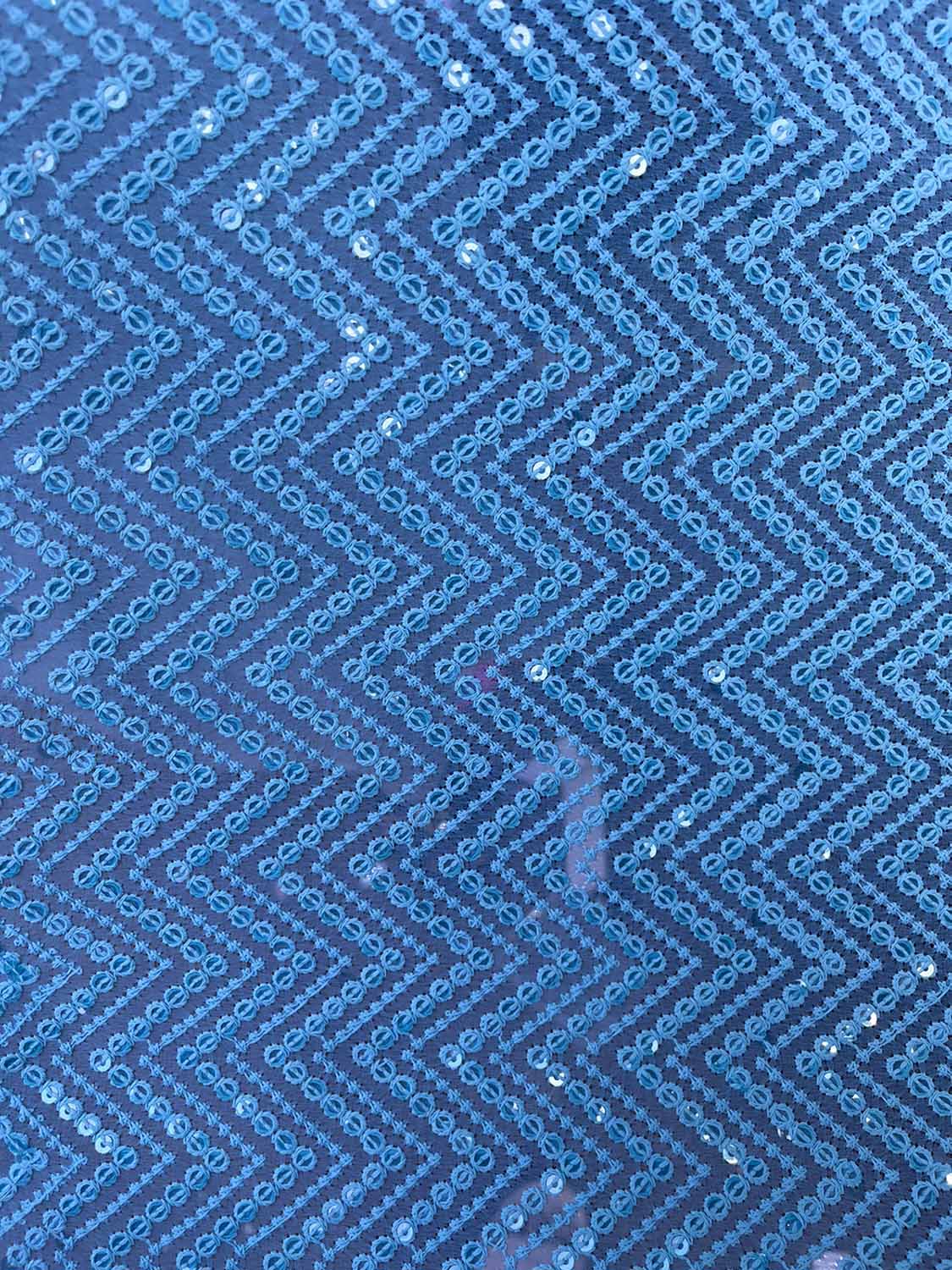 Blue Embroidered Chikankari Georgette Sequins Work Fabric ( 1 Mtr ) - Luxurion World