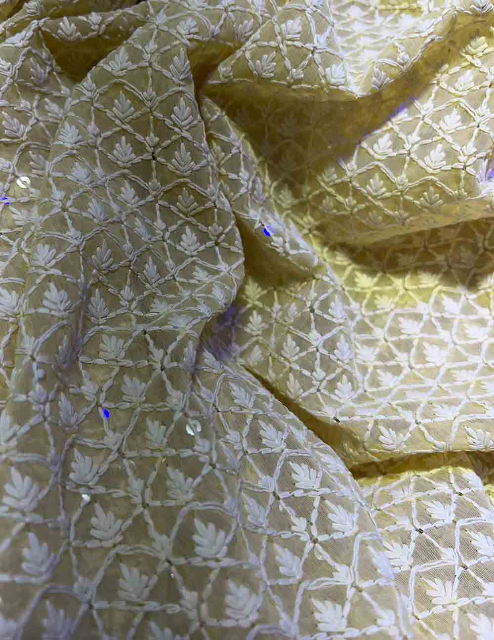 Yellow Embroidered Chikankari Georgette Fabric ( 1 Mtr ) - Luxurion World