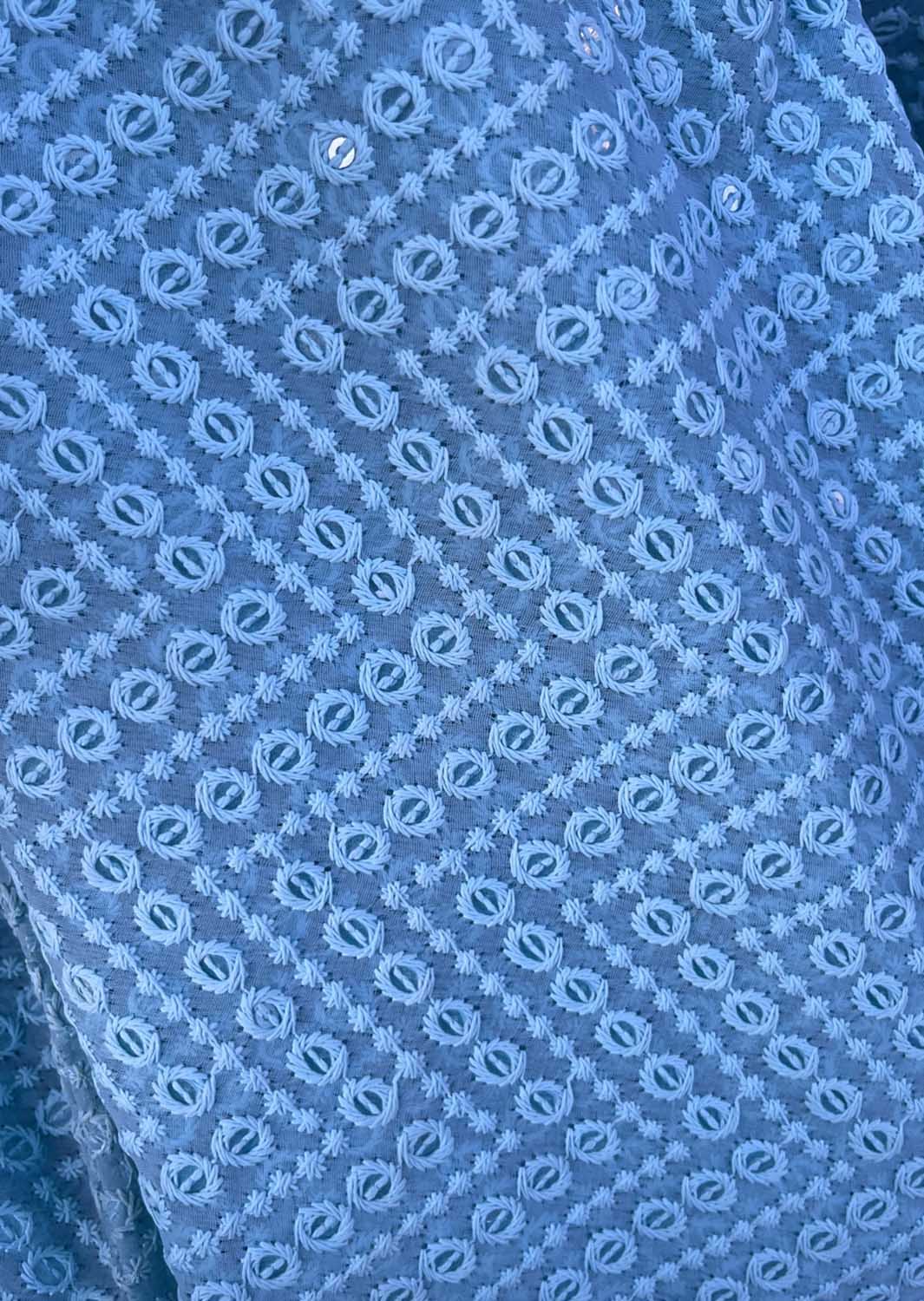 Blue Embroidered Chikankari Georgette Sequins Work Fabric ( 1 Mtr ) - Luxurion World