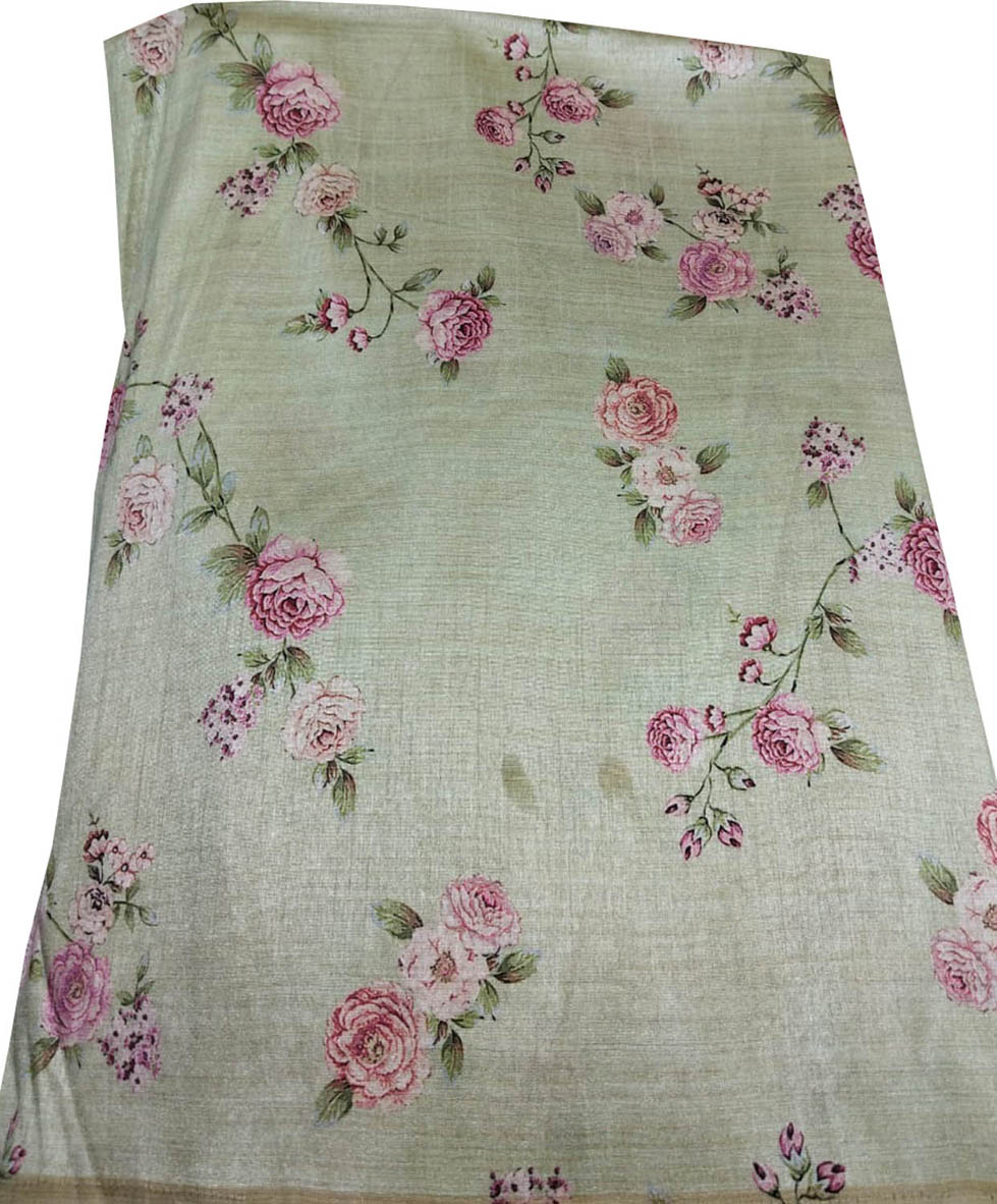 Green Digital Printed Tussar Silk Fabric ( 1 Mtr ) - Luxurion World