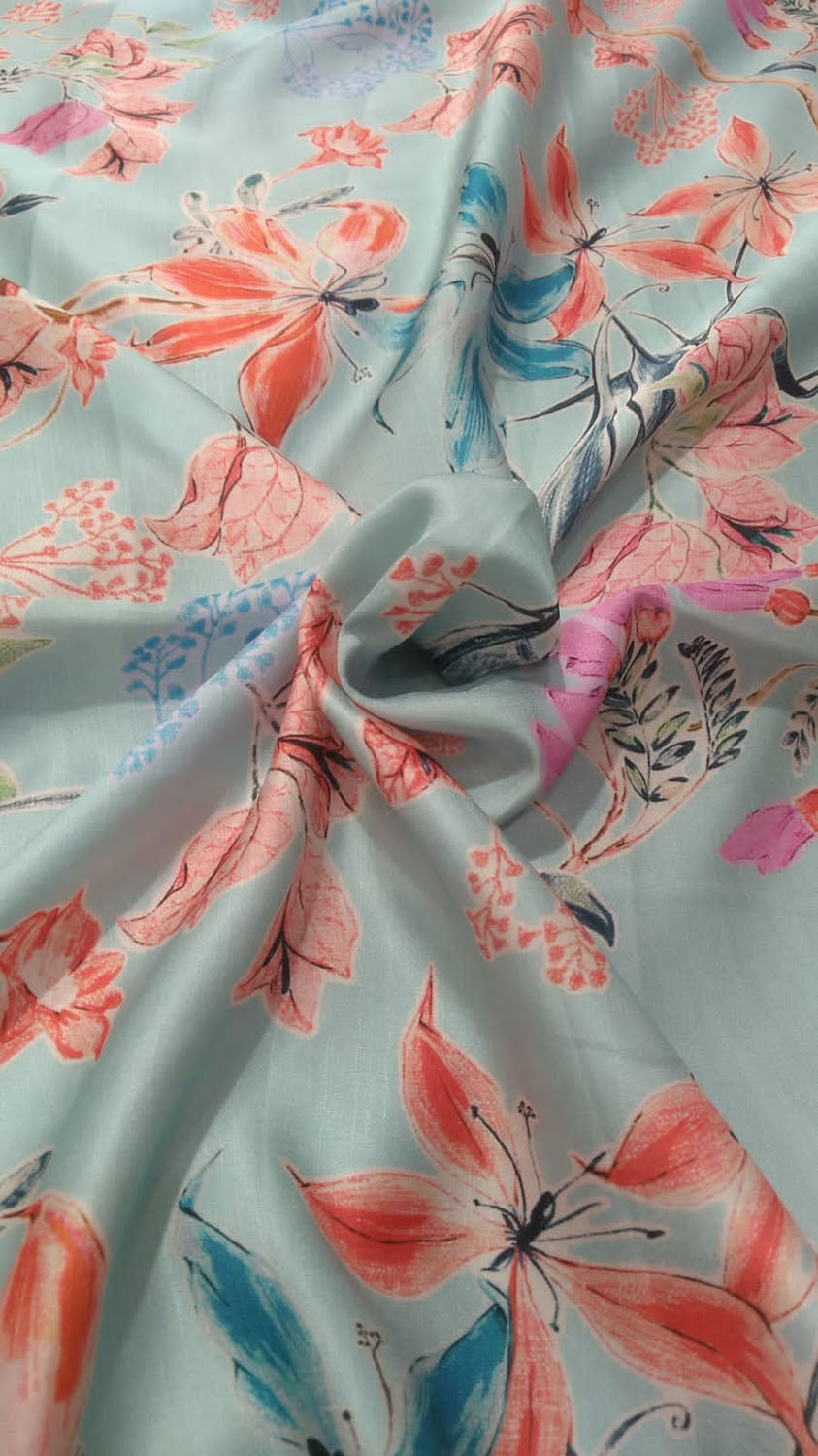 Blue Digital Printed Satin Dupion Fabric ( 1 Mtr ) - Luxurion World