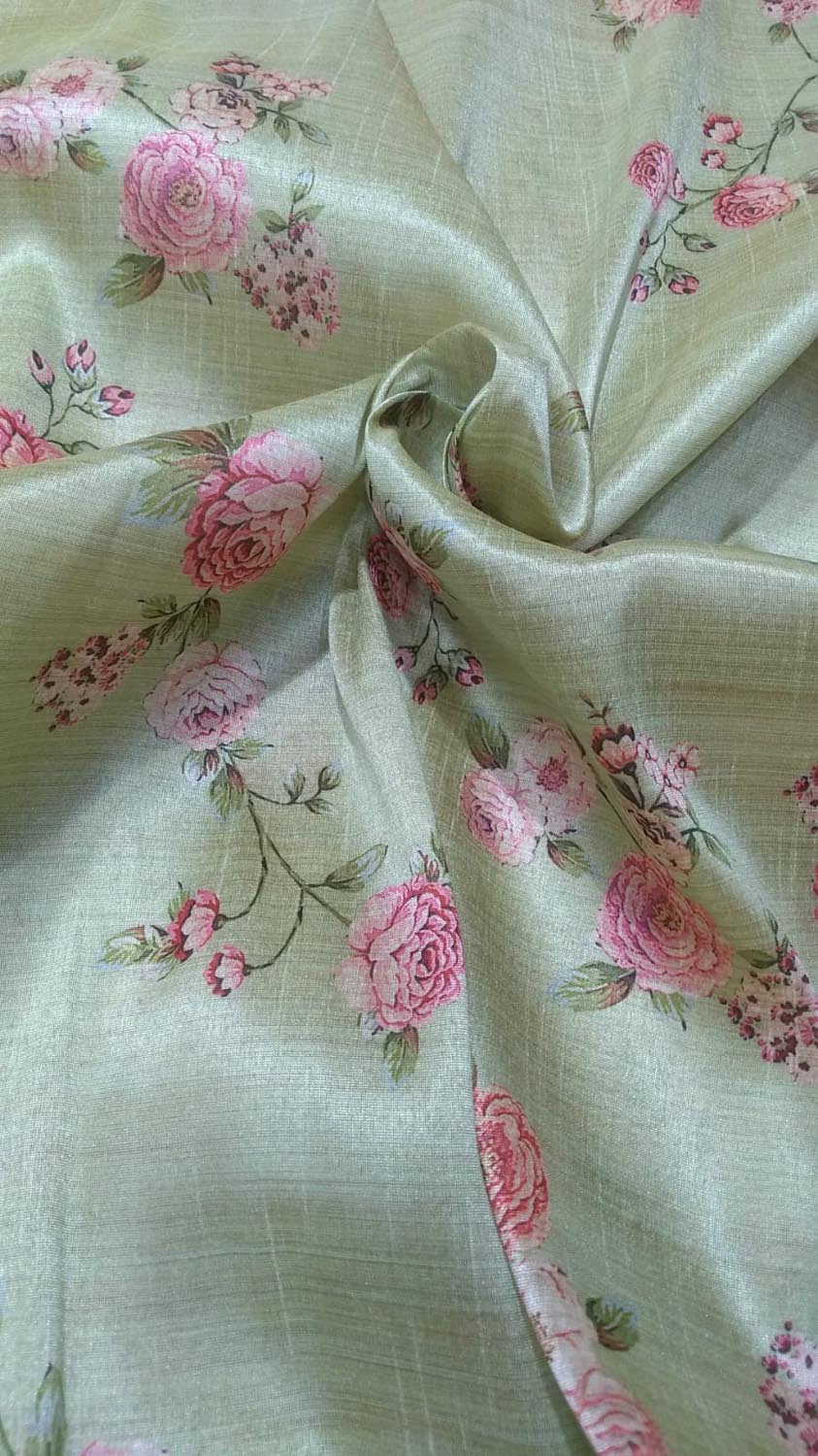 Green Digital Printed Tussar Silk Fabric ( 1 Mtr ) - Luxurion World