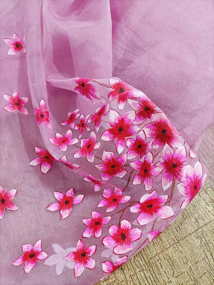 Pink Hand Painted Pure Organza Silk Blouse Fabric (1 Mtr) - Luxurion World