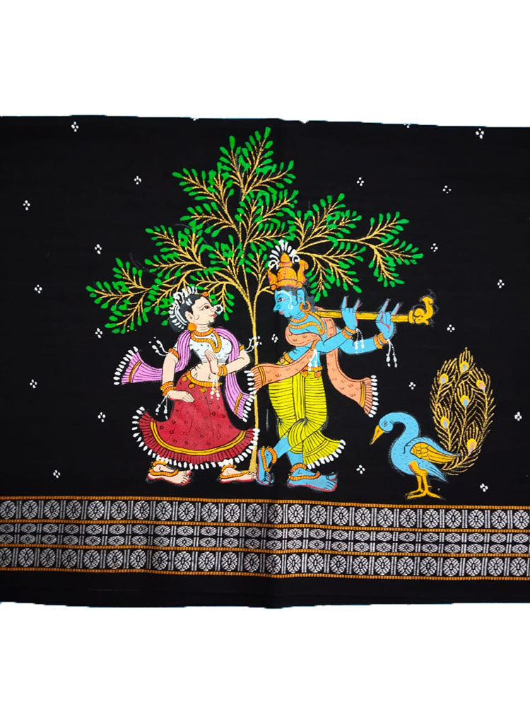 Black Hand Painted Pattachitra Pure Cotton Blouse Piece Fabric ( 1 Mtr ) - Luxurion World