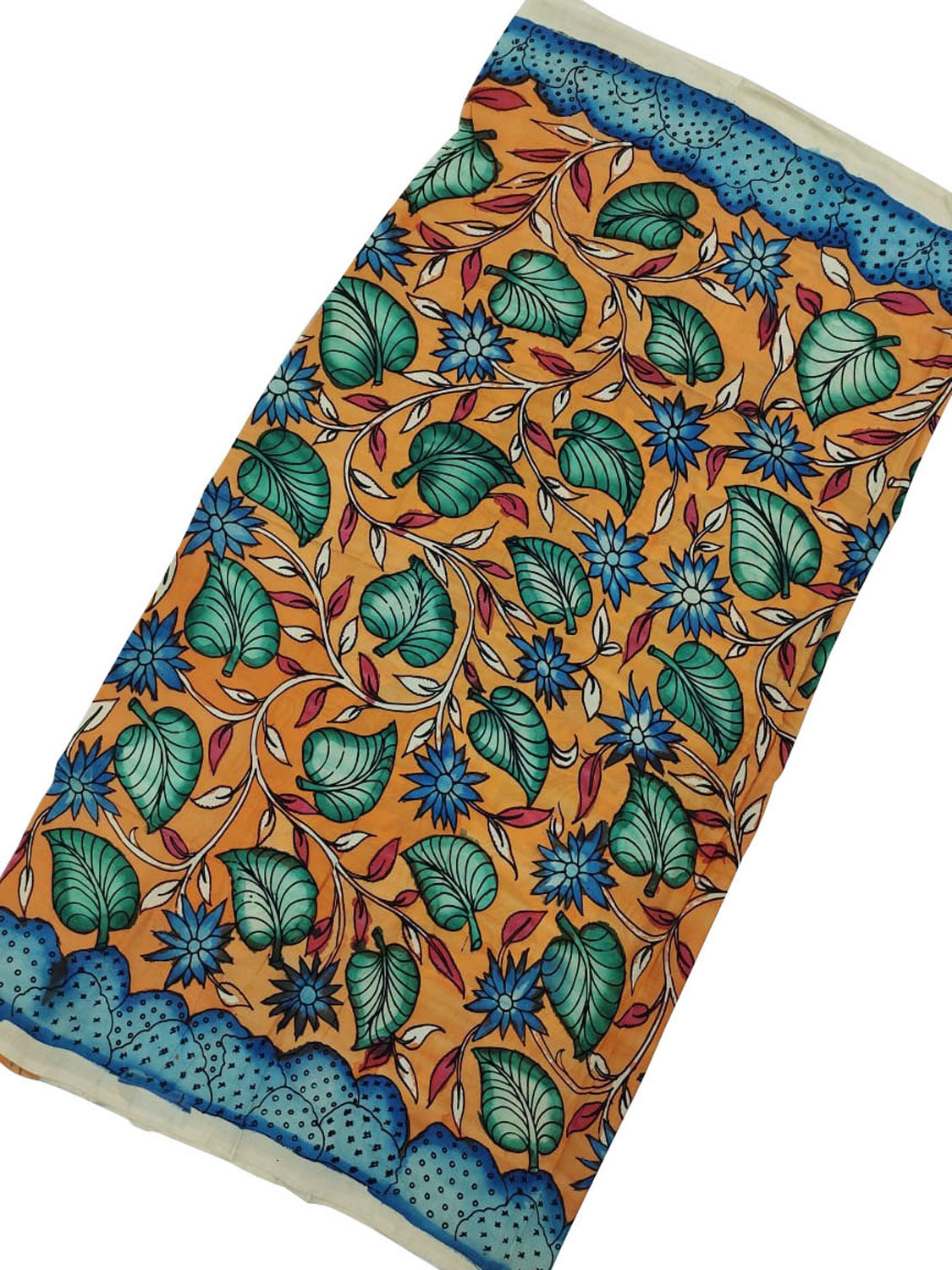 Orange Kalamkari Hand Painted Bangalore Silk Fabric - Luxurion World