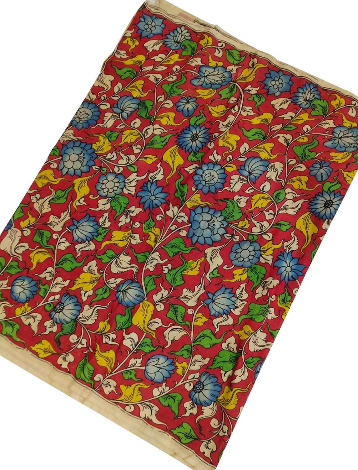 Red Kalamkari Hand Painted Bangalore Silk Fabric - Luxurion World