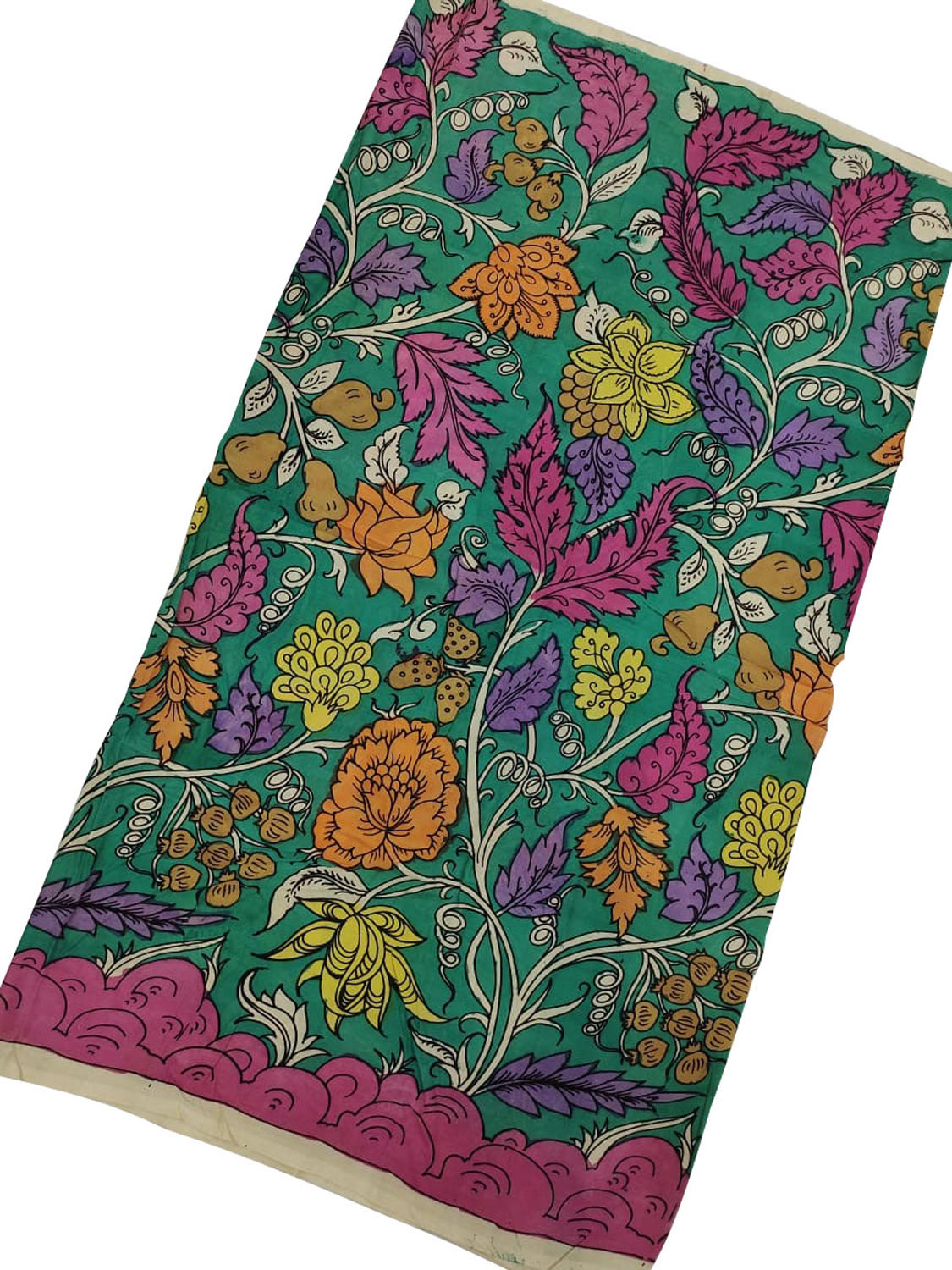 Green Kalamkari Hand Painted Bangalore Silk Fabric - Luxurion World