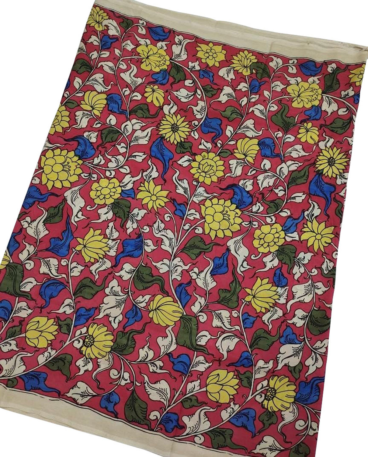 Red Kalamkari Hand Painted Bangalore Silk Fabric - Luxurion World