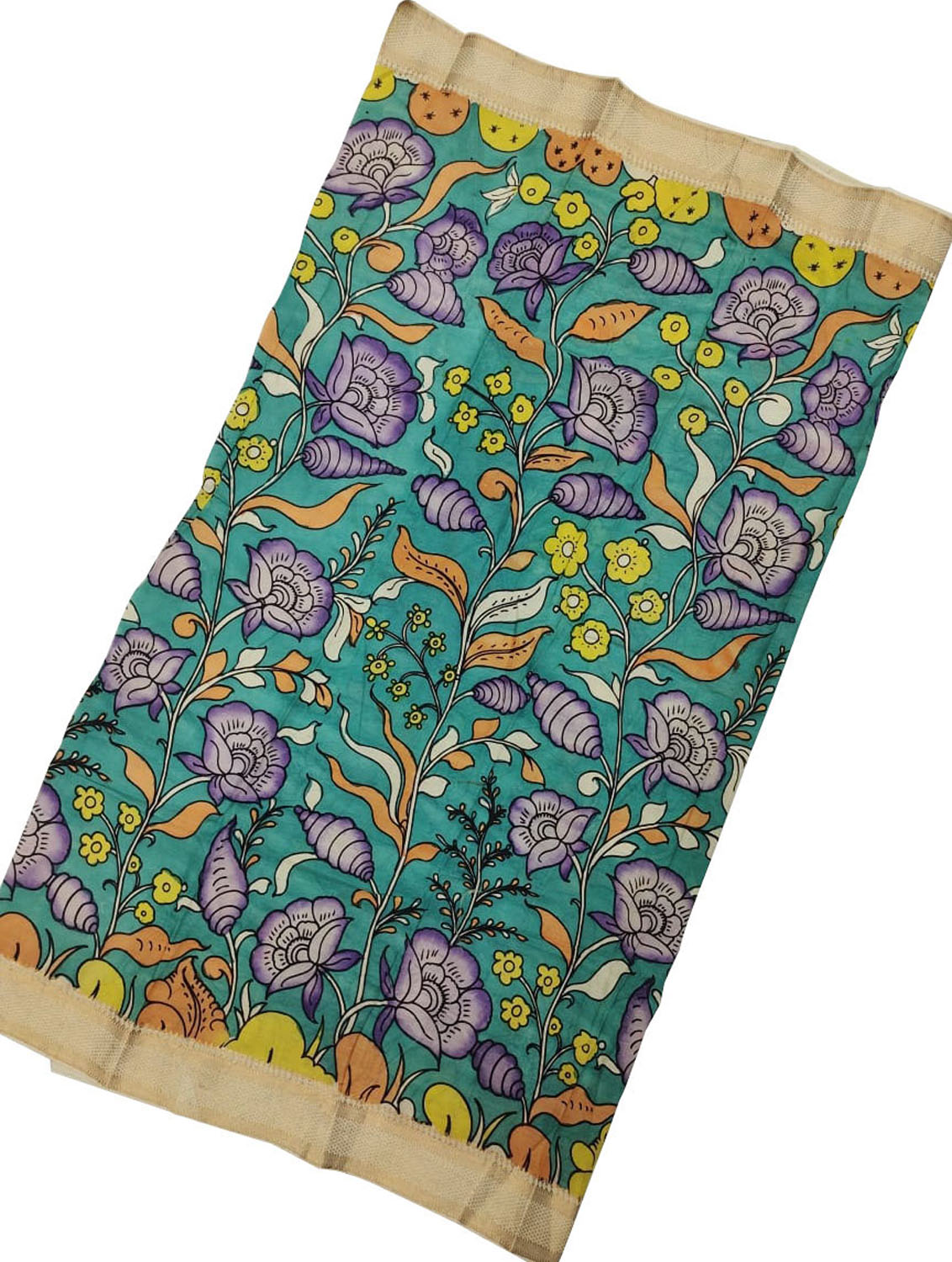 Green Kalamkari Hand Painted Bangalore Silk Fabric - Luxurion World